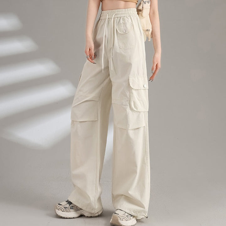 Womens Cotton Drawstring Waist Wide Leg Cargo Pants