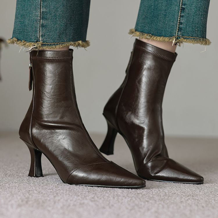 Women's Pointed-Toe Slim Ankle Boots - Kitten Heel & Back Zipper