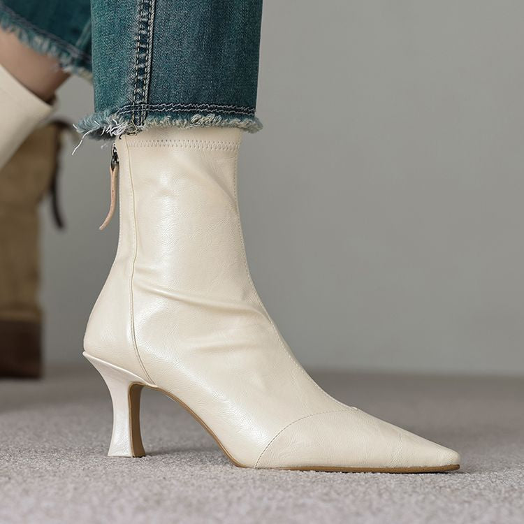 Women's Pointed-Toe Slim Ankle Boots - Kitten Heel & Back Zipper