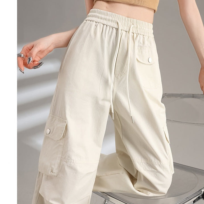 Womens Cotton Drawstring Waist Wide Leg Cargo Pants