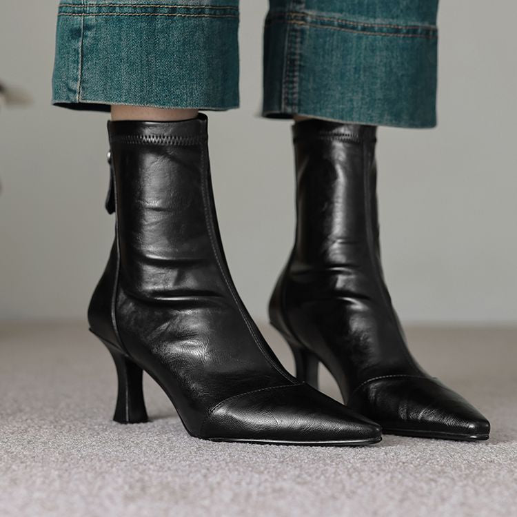 Women's Pointed-Toe Slim Ankle Boots - Kitten Heel & Back Zipper