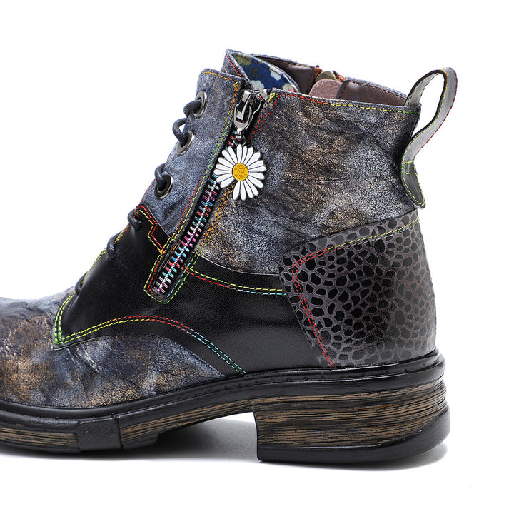 Floral Print Combat Boots for Women - Leather Lace-up Booties with Side Zipper