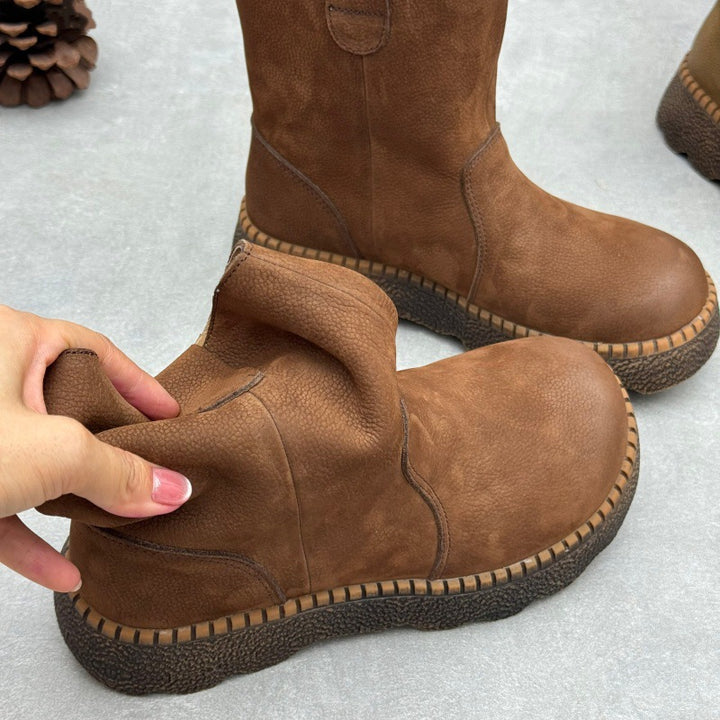 Women's Genuine Leather Mid-Calf Boots Vintage Round Toe Slip-on Winter Shoes