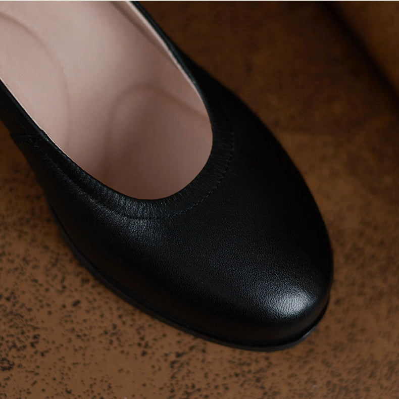 Women's Black Leather Pumps - Low Heel for Office & Business
