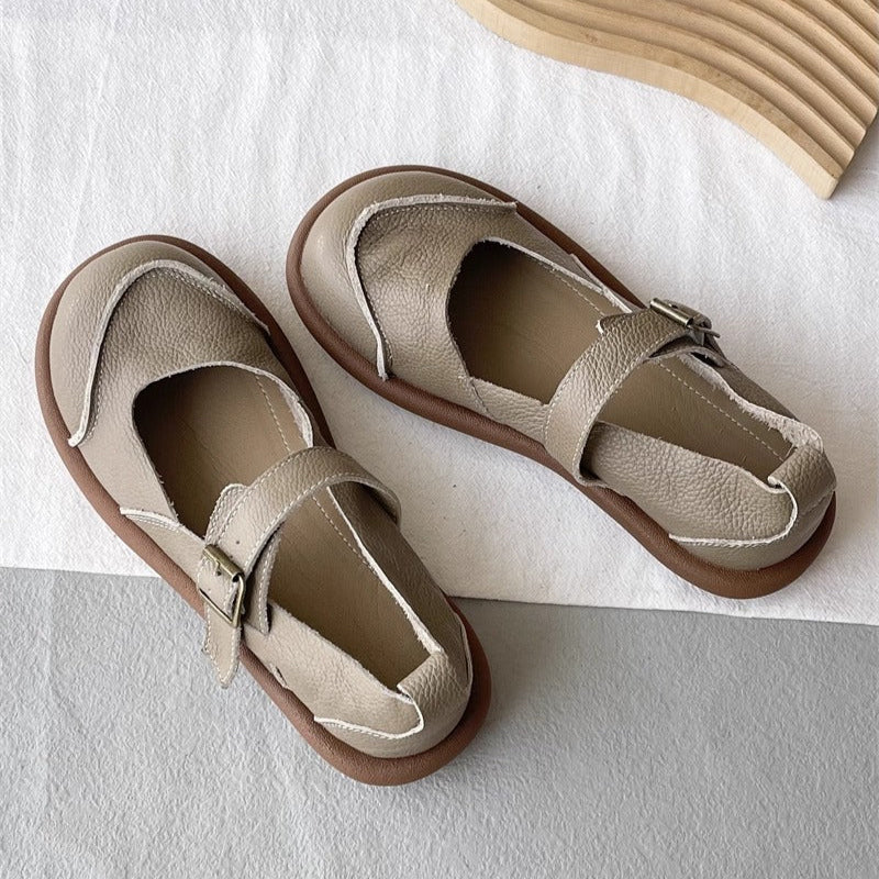 Women's Soft Leather Casual Flat Mary Jane Shoes with Buckle