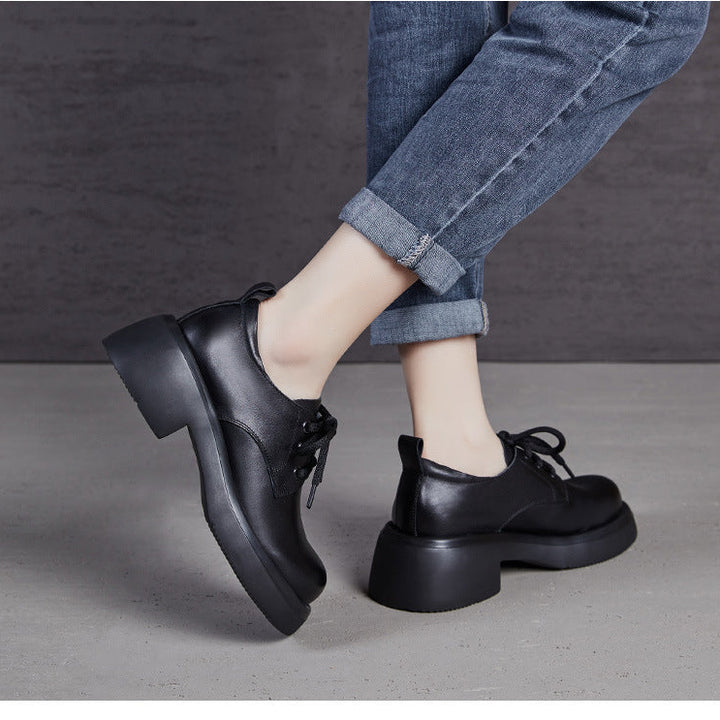 Women's Retro Leather Oxford Shoes Vintage Round Toe Platform Lace-up Chunky Heels