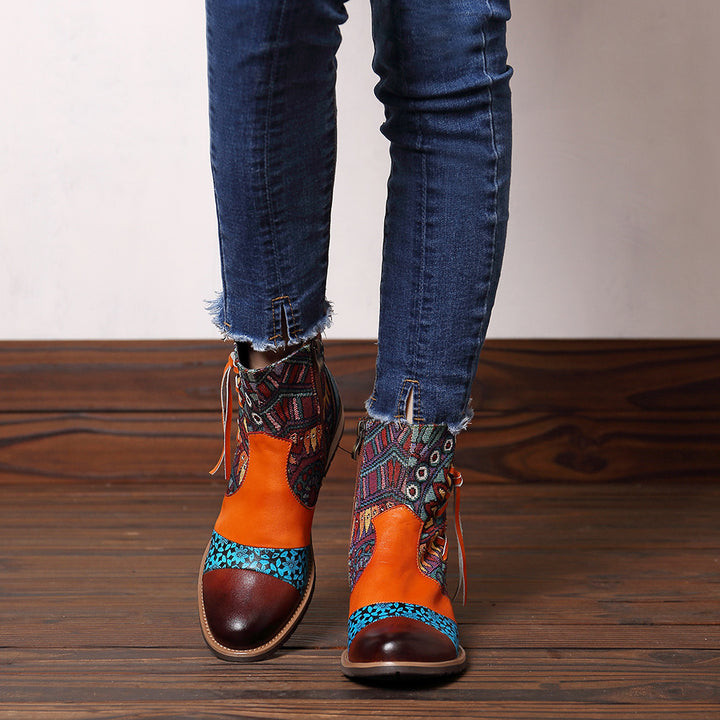 Women's Printed Leather Jacquard Ankle Boots Zipper Non-slip Low Boots