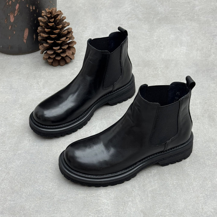 Women's Washed Leather Chelsea Ankle Boots Slip On Low Platform Heel Booties