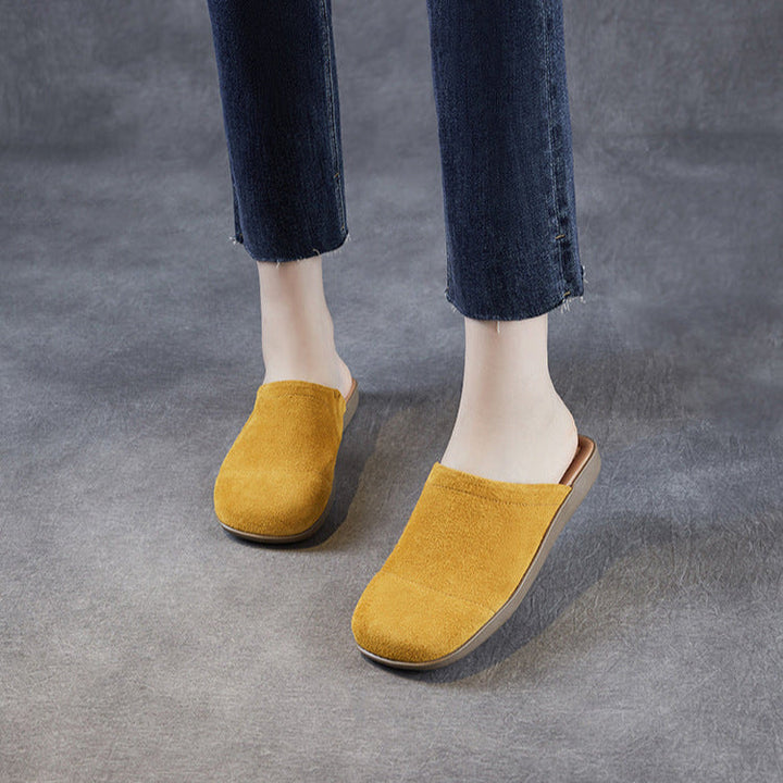Women's Minimalist Nubuck Mules - Round-Toe Flat with Slip-On Ease
