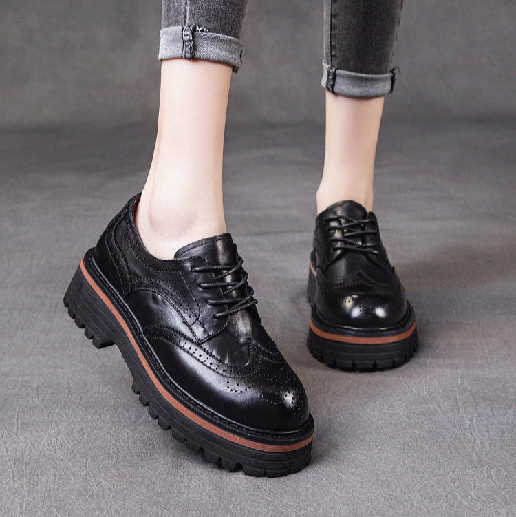 Women's British Style Brogue Oxfords - Genuine Leather with Chunky Sole