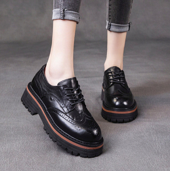 Women's British Style Brogue Oxfords - Genuine Leather with Chunky Sole