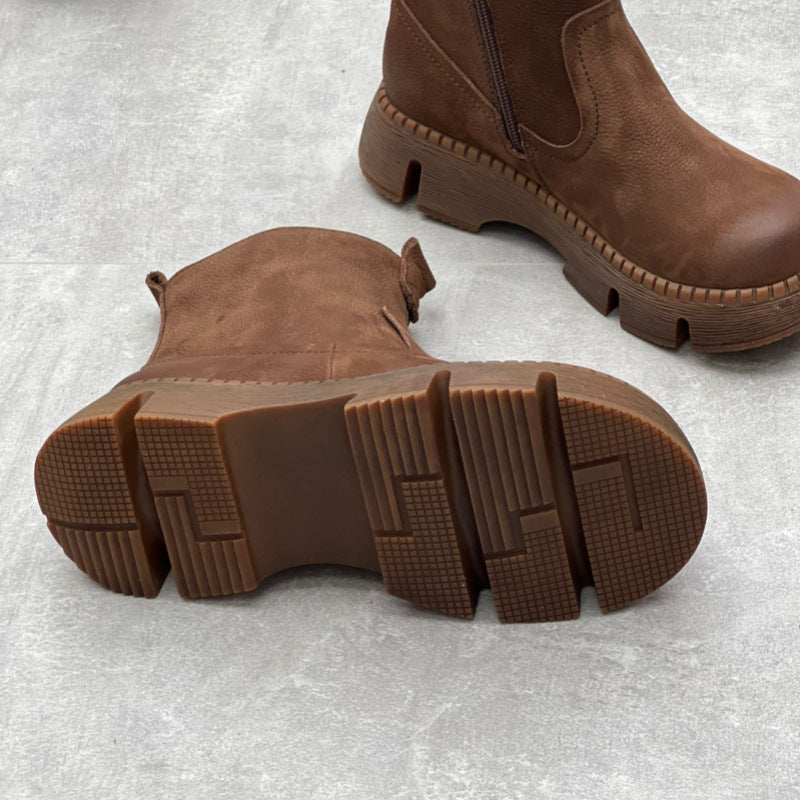 Women's Leather Side Zipper Platform Boots – Comfortable & Casual