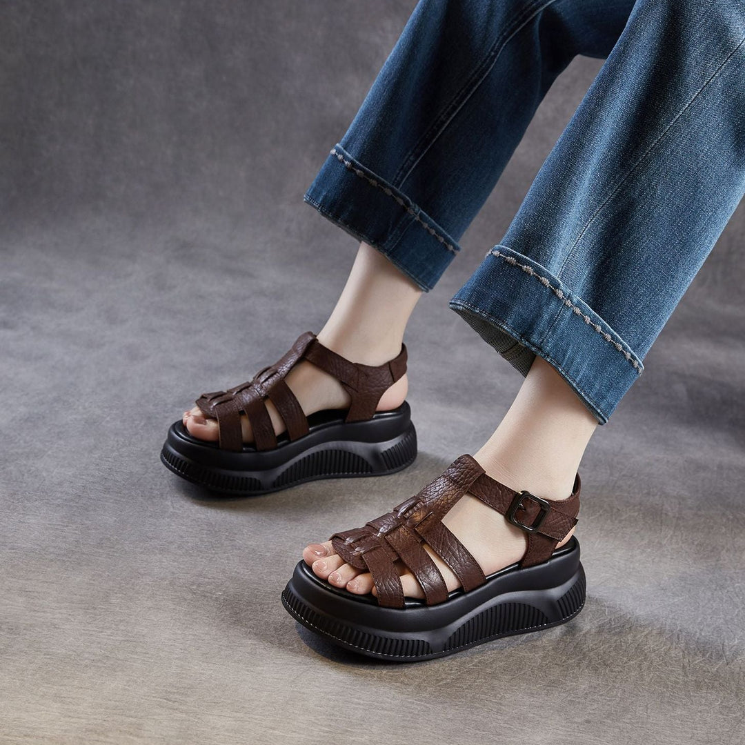 Women's Retro Leather Roman Sandals Vintage Round Toe Platform Chunky Platform Heels