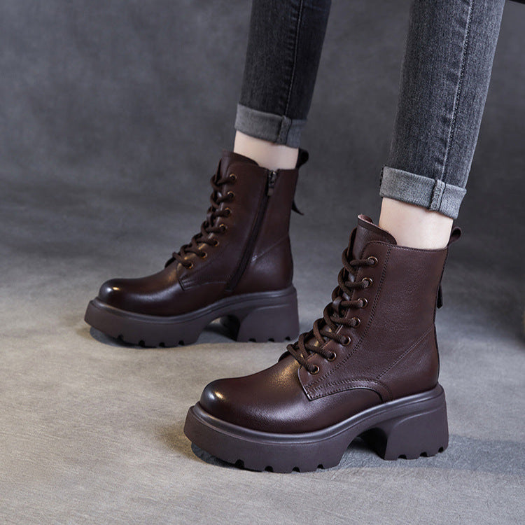 Women's Casual Genuine Leather Platform Boots – Chunky Heel & Side Zip
