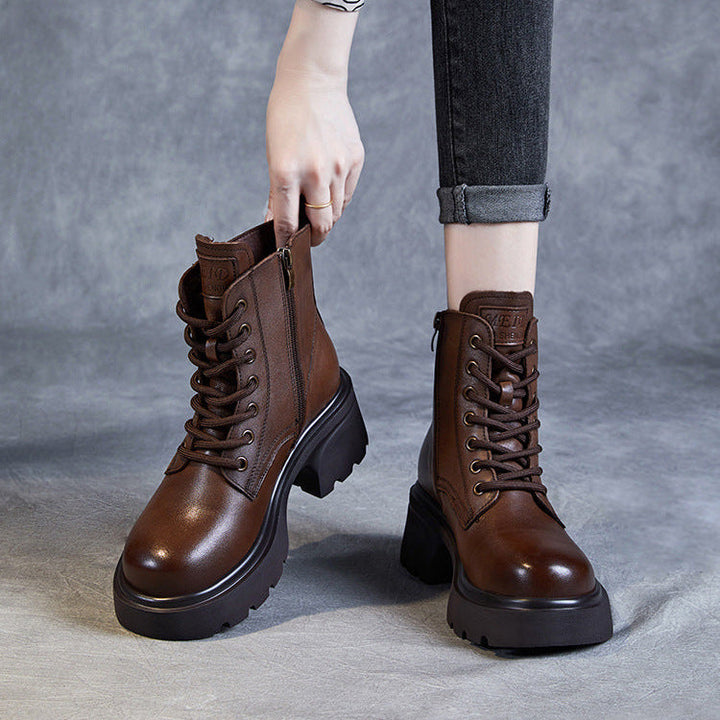 Women's Genuine Leather Lightweight Ankle Boots – Platform Chunky Heel