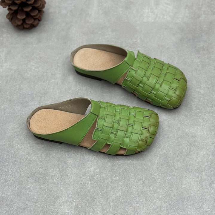 Women's Artisanal Square Toe Leather Woven Mules - Lightweight Unlined Flats