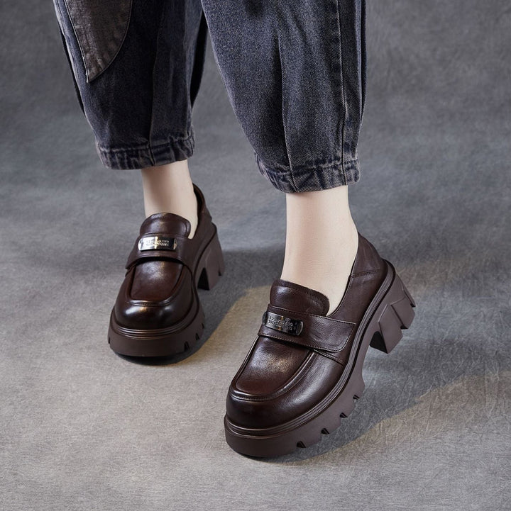 Women’s Leather Platform Block Heel Loafers – Vintage Metal Detail