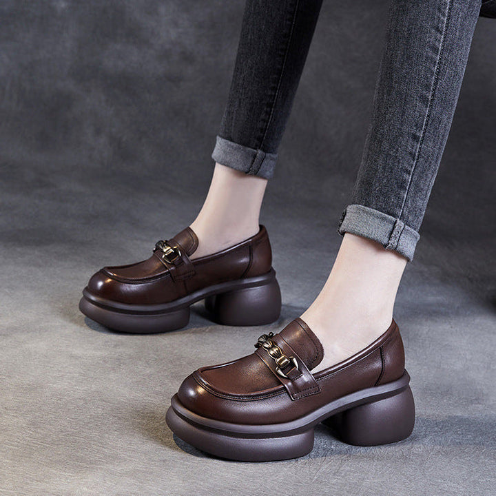Women’s Leather Platform Block Heel Loafers – British Vintage Chain Detail