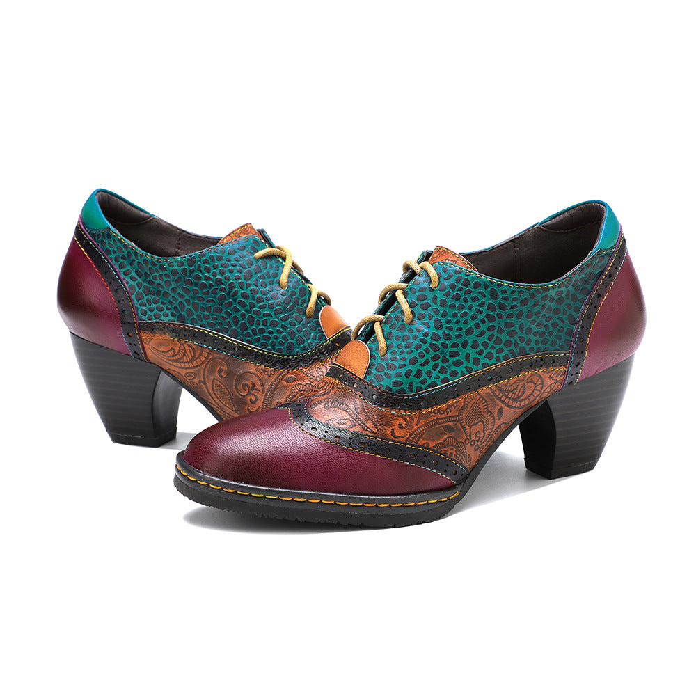 Women's Vintage Patchwork Sheepskin Oxford Pumps Square Toe Lace Up Chunky Heel Shoes