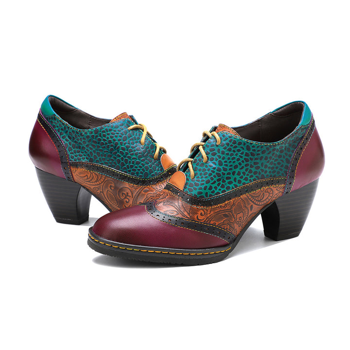 Women's Vintage Patchwork Sheepskin Oxford Pumps Square Toe Lace Up Chunky Heel Shoes