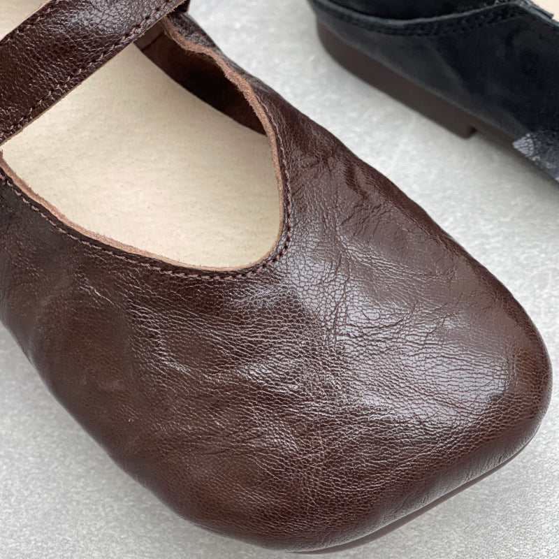 Women’s Handmade Sheepskin Mary Jane Flats – Square Toe V-Cut Comfortable Shoes