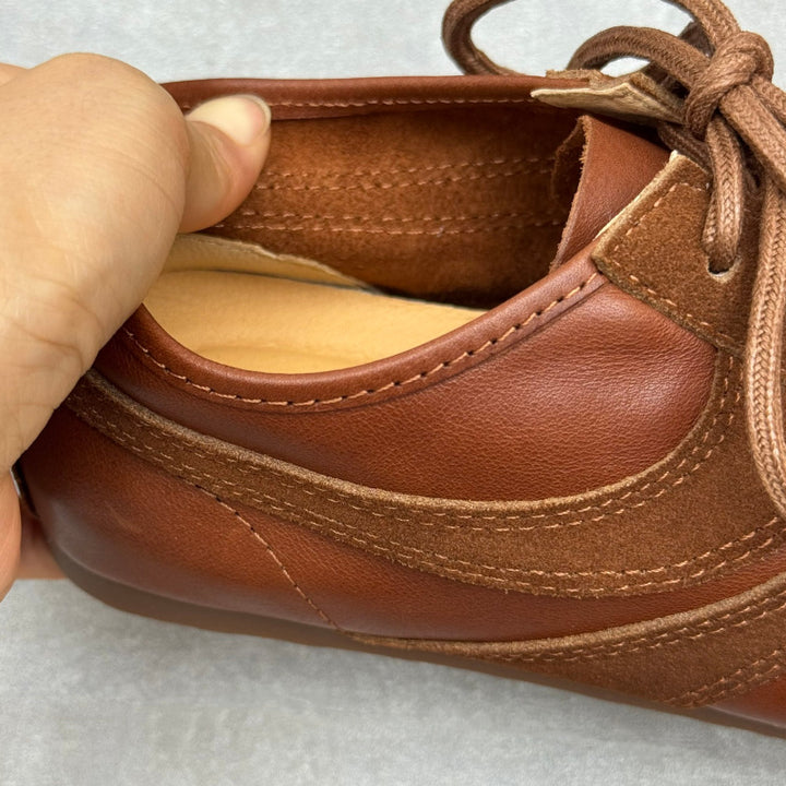 Women's Retro Washed Leather Sneakers Vintage Lace-up German Trainer Flats