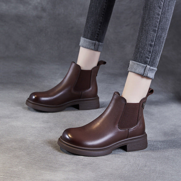 Women's Leather Short Boots – Chelsea Style Chunky Heel Comfort Shoes