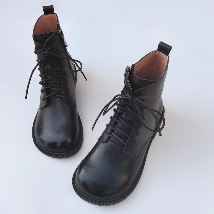 Women's Vintage Wide Toe Genuine Leather Ankle Boots – Handmade, Soft Sole, British Style