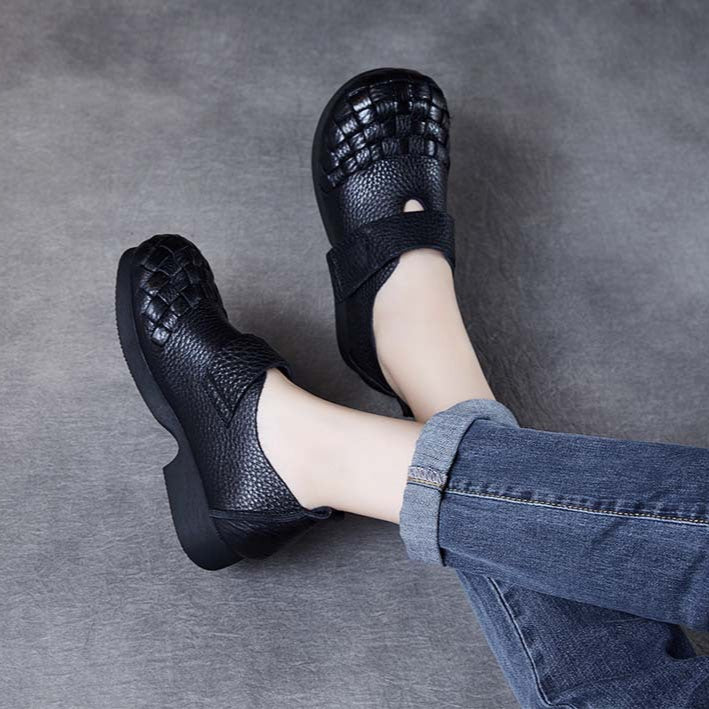 Women's Woven Leather Wide Toe Low Heel Velcro Casual Shoes