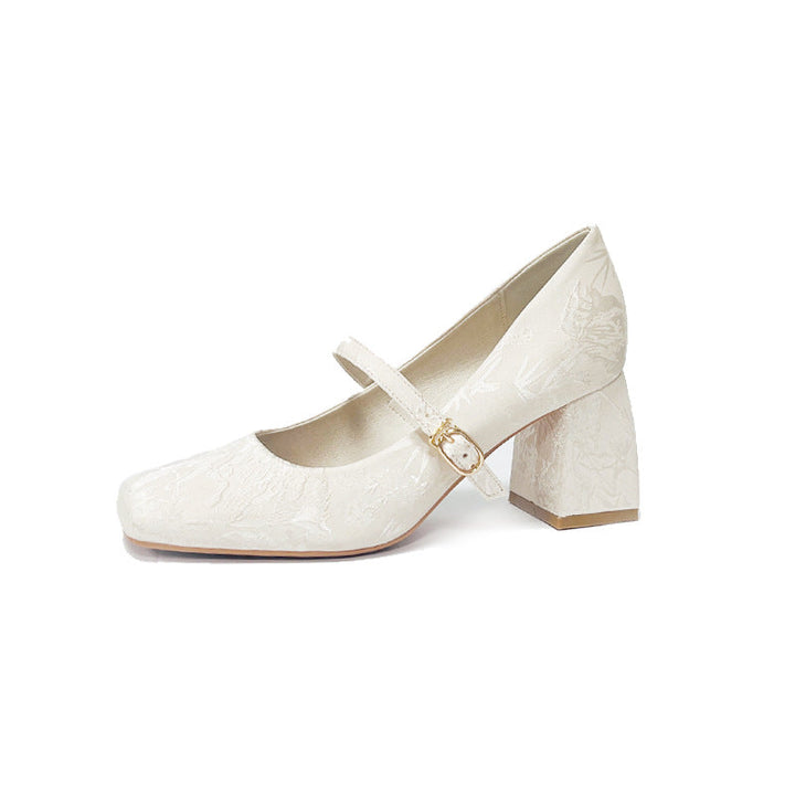 Women's Satin Floral Square Toe Buckle Mid Heel Mary Jane Heel
