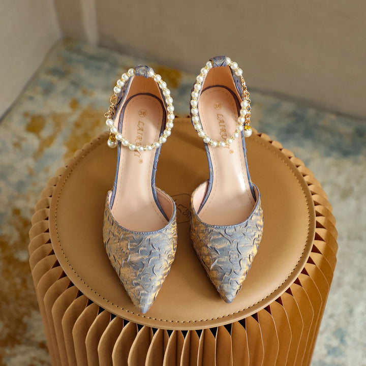 Women's Pearl Wedding Shoes for Bride High Heels Pointed Toe Satin Pumps