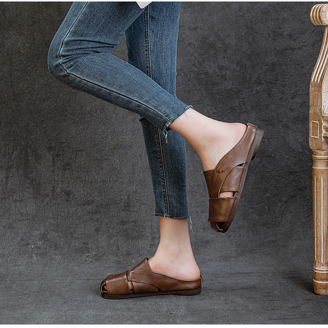 Women's Crisscross Woven Leather Mules Vintage Cutout Platform Slippers Barefoot-Friendly