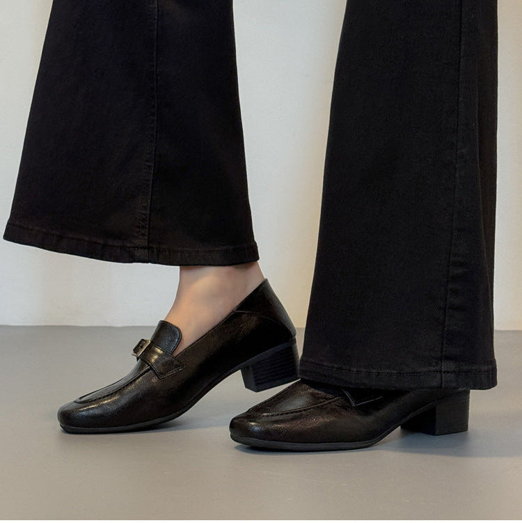 Women's Premium Leather Loafers - Square Toe Vintage Buckle Strap Chunky Heel Pumps
