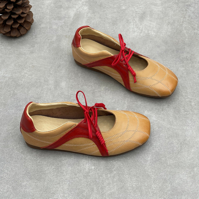 Womens Retro Leather Lace-up Mary Jane Flats Vintage Casual Walking Shoes