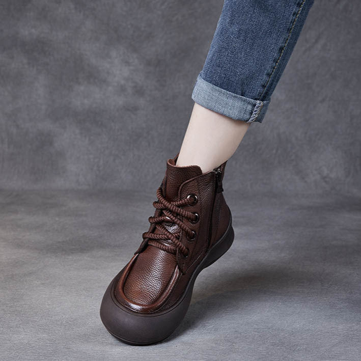 Women's Leather Platform Boots – Comfortable Casual Lace-Up Ankle Shoes
