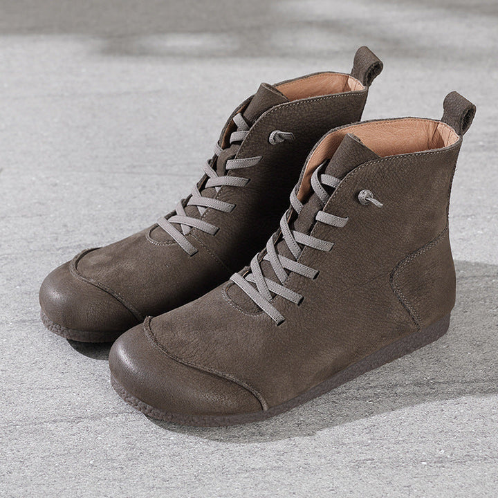 Women's Leather Contrast Panel Ankle Boots - Round-Toe Lace-Up Design
