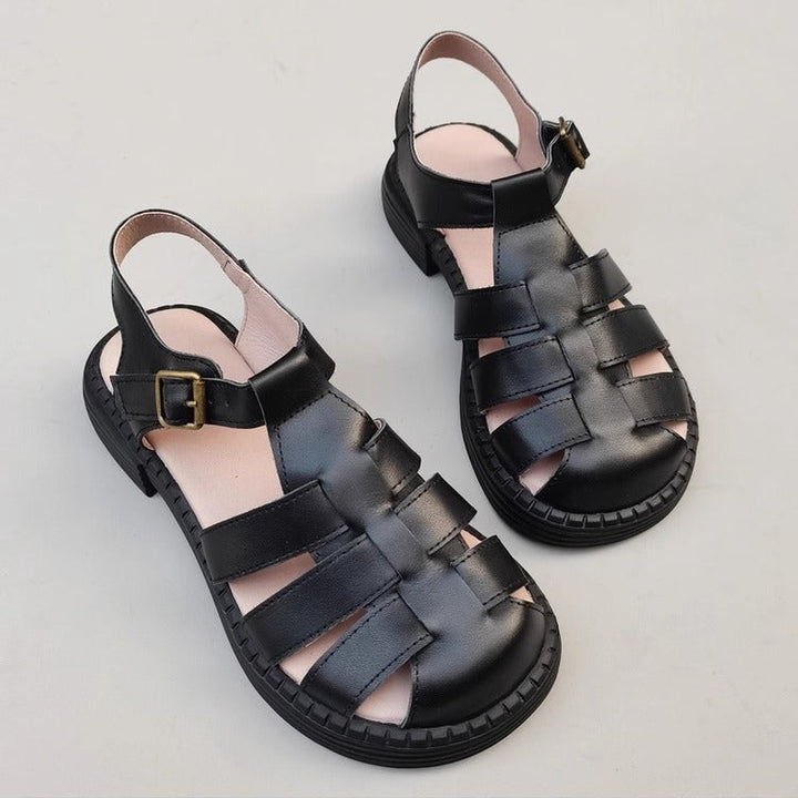 Women's Genuine Leather Wide-Toe Woven Sandals – Casual Style for Summer