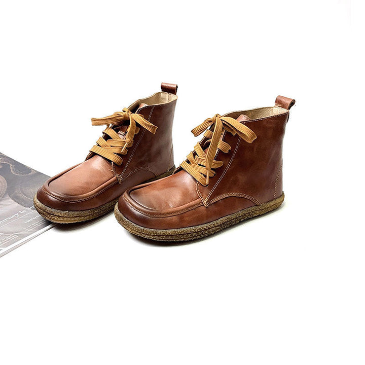 Women's Vintage Leather Ankle Booties Soft Sole Round Toe Lace-Up Walking Shoes