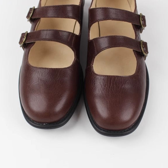 Women's Handmade Leather Classic British Style Double Buckle Mary Jane Shoes