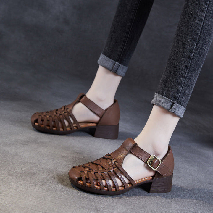 Women's Leather Fisherman Sandals - Vintage Interlocking Woven Closed Mid Block Heel Shoes with Buckle