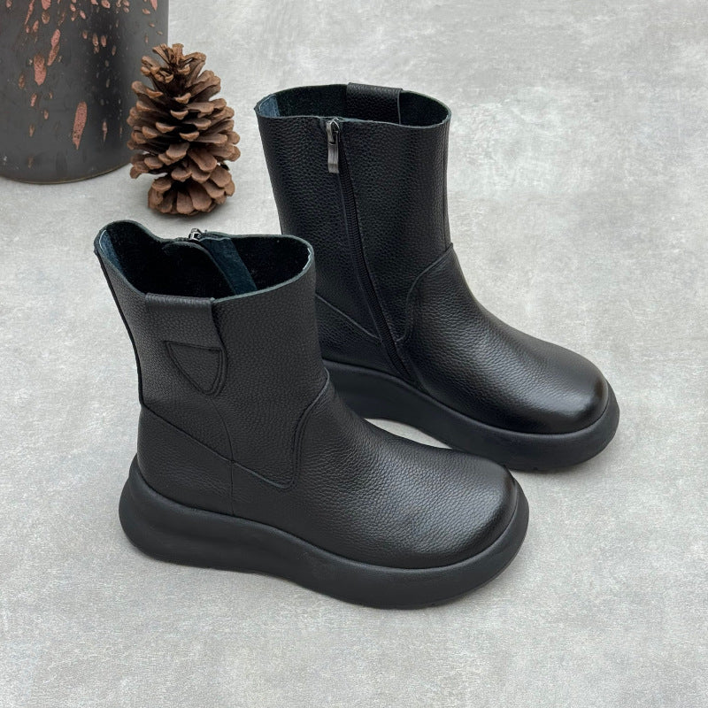 Women's Top-Grain Leather Mid Calf Boots Side Zipper Platform Casual Wedge Booties