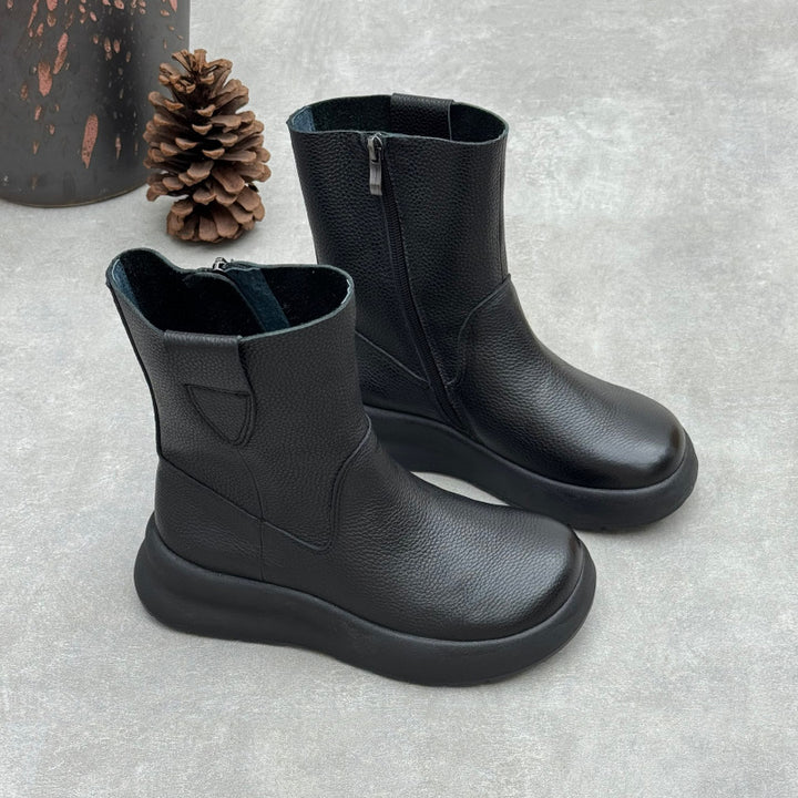 Women's Top-Grain Leather Mid Calf Boots Side Zipper Platform Casual Wedge Booties