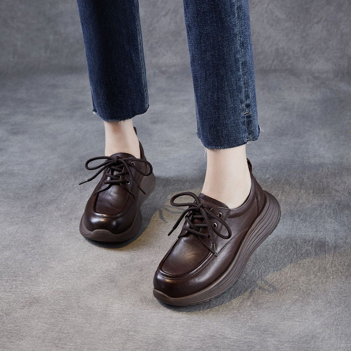 Women’s Leather Lace-Up Platform Wedge Shoes – Retro Non-Slip Casual Style