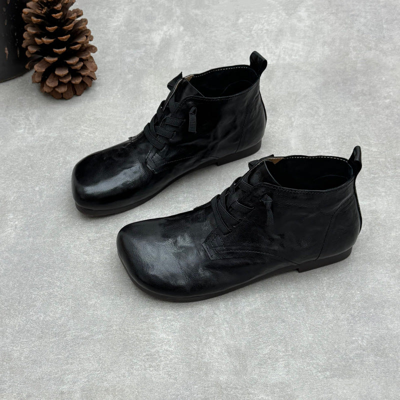 Women's Vintage Lambskin Ankle Booties Soft Sole Square Toe Elastic Slip-On Shoes