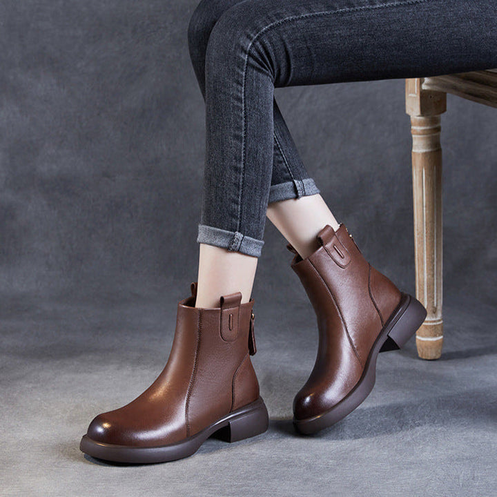 Women's Low Heel Casual Genuine Leather Boots with Back Zipper