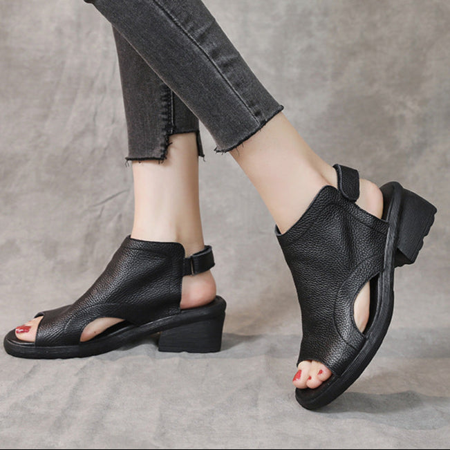 Women's Leather Block Heel Hollow Out Open Toe Sandals