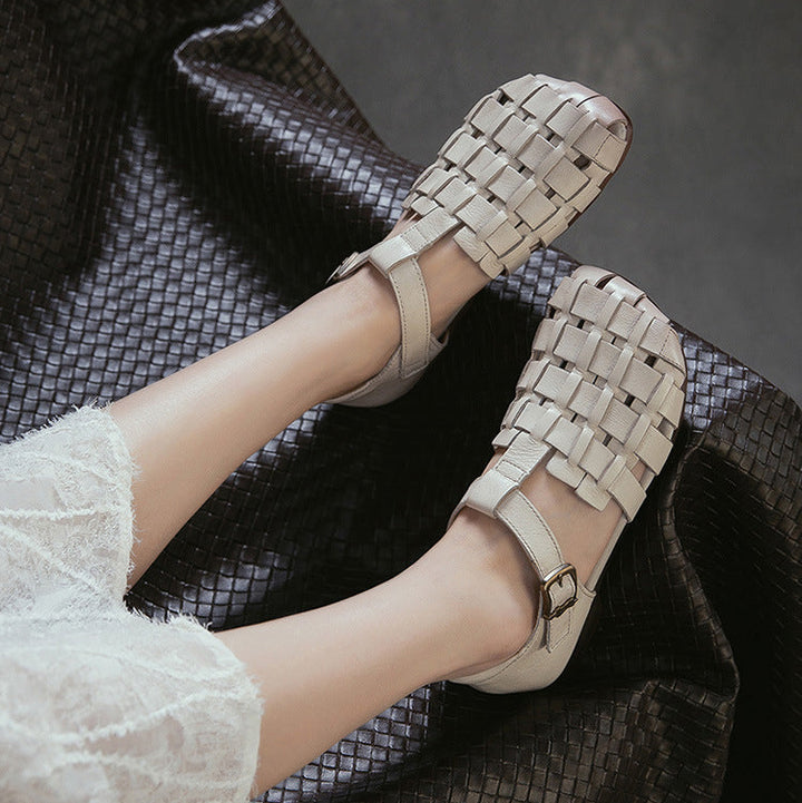 Women's Retro Woven Fisherman Sandals Vintage Leather Velcro Cage Flats