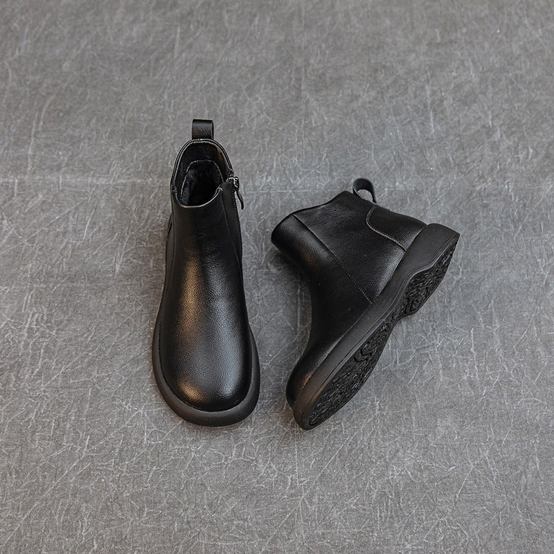 Women's Comfortable Leather Ankle Boots – Low Heel with Side Zipper