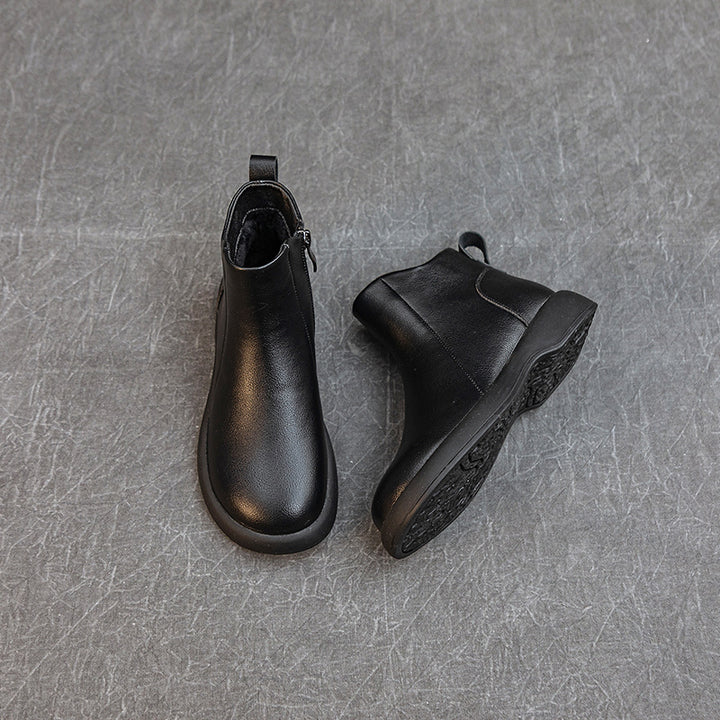 Women's Comfortable Leather Ankle Boots – Low Heel with Side Zipper