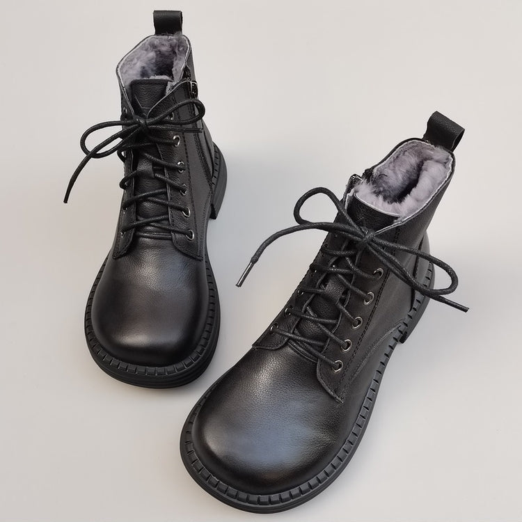 Women's Vintage Wide Toe Leather Shearling Boots – Cozy Winter Ankle Style